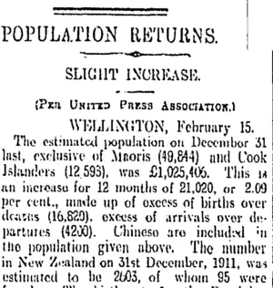 POPULATION RETURNS. (Otago Daily Times 16-2-1912)