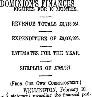 DOMINION'S FINANCES (Otago Daily Times 21-2-1912)