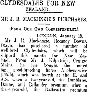 CLYDESDALES FOR NEW ZEALAND. (Otago Daily Times 7-3-1912)