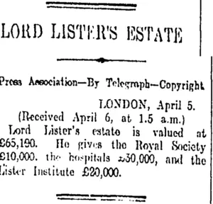 LOUD LISTER'S ESTATE (Otago Daily Times 6-4-1912)