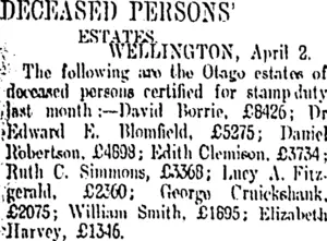 DECEASED PERSONS' ESTATES. (Otago Daily Times 3-4-1912)