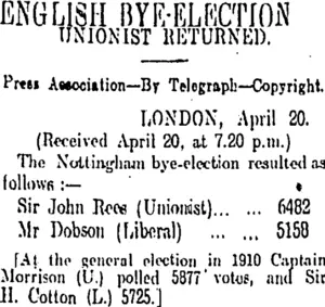 ENGLISH BYE-ELECTION. (Otago Daily Times 22-4-1912)