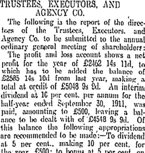 TRUSTEES, EXECUTORS, AND AGENCY CO. (Otago Daily Times 1-5-1912)