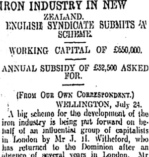 IRON INDUSTRY IN NEW ZEALAND. (Otago Daily Times 25-7-1912)