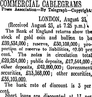 COMMERCIAL CABLEGRAMS (Otago Daily Times 24-8-1912)
