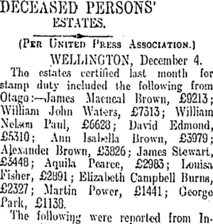 DECEASED PERSONS' ESTATES. (Otago Daily Times 5-12-1912)
