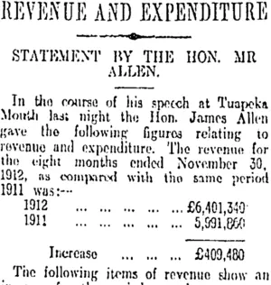 REVENUE AND EXPENDITURE (Otago Daily Times 5-12-1912)