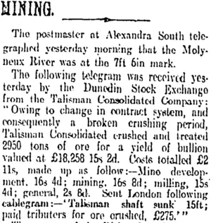 MINING. (Otago Daily Times 10-12-1912)