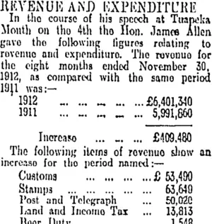 REVENUE AND EXPENDITURE (Otago Daily Times 30-12-1912)