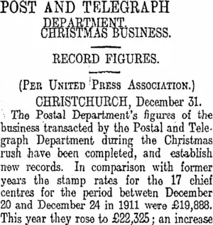 POST AND TELEGRAPH DEPARTMENT. (Otago Daily Times 2-1-1913)