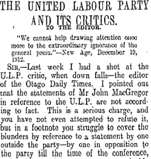 THE UNITED LABOUR PARTY AND ITS CRITICS. (Otago Daily Times 24-2-1913)