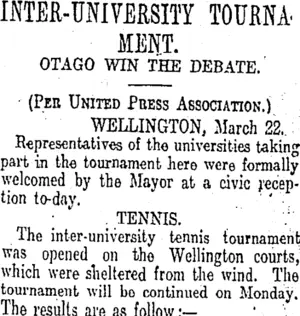 INTER-UNIVERSITY TOURNAMENT. (Otago Daily Times 24-3-1913)