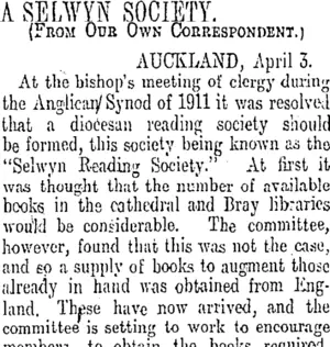 A SELWYN SOCIETY. (Otago Daily Times 5-4-1913)