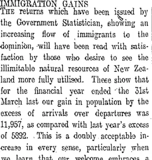 IMMIGRATION GAINS. (Otago Daily Times 30-4-1913)