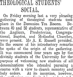 THEOLOGICAL STUDENTS' SOCIAL. (Otago Daily Times 3-5-1913)