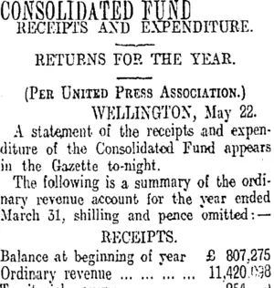 CONSOLIDATED FUND. (Otago Daily Times 23-5-1913)