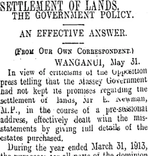 SETTLEMENT OF LANDS. (Otago Daily Times 2-6-1913)