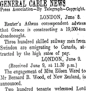 GENERAL CABLE HEWS (Otago Daily Times 10-6-1913)