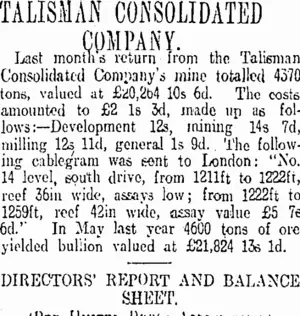 TALISMAN CONSOLIDATED COMPANY. (Otago Daily Times 10-6-1913)