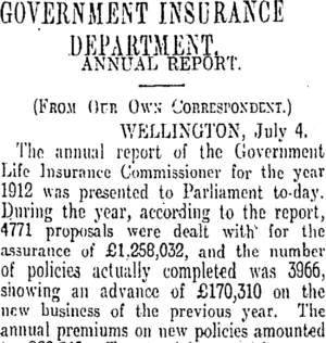 GOVERNMENT INSURANCE DEPARTMENT. (Otago Daily Times 7-7-1913)