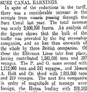 SUEZ CANAL EARNINGS. (Otago Daily Times 31-7-1913)