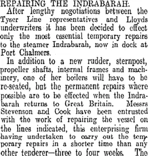 REPAIRING THE INDRABARAH. (Otago Daily Times 19-8-1913)