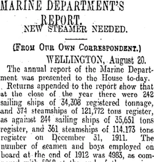 MARINE DEPARTMENT'S REPORT. (Otago Daily Times 23-8-1913)