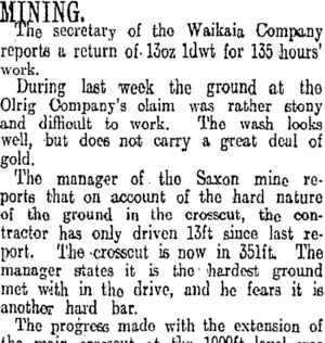MINING. (Otago Daily Times 5-9-1913)
