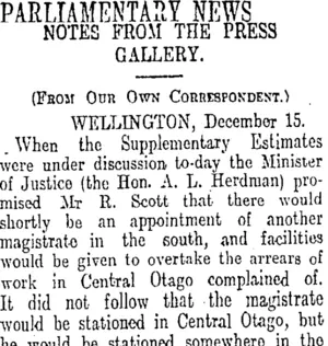 PARLIAMENTARY NEWS. (Otago Daily Times 16-12-1913)