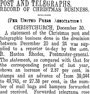 POST AND TELEGRAPHS. (Otago Daily Times 31-12-1913)