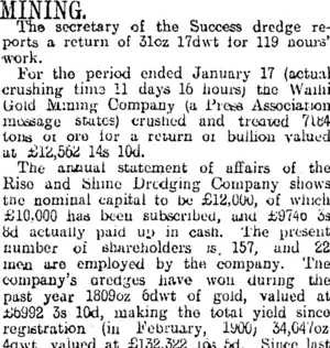 MINING. (Otago Daily Times 31-1-1914)