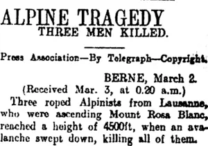 ALPINE TRAGEDY (Otago Daily Times 3-3-1914)