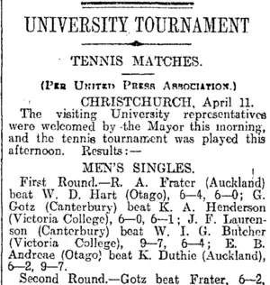 UNIVERSITY TOURNAMENT (Otago Daily Times 13-4-1914)
