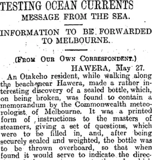 TESTING OCEAN CURRENTS (Otago Daily Times 29-5-1914)