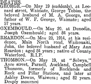 DEATHS. (Otago Daily Times 21-5-1914)