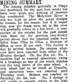 MINING SUMMARY. (Otago Daily Times 15-6-1914)