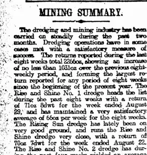 MINING SUMMARY. (Otago Daily Times 14-9-1914)