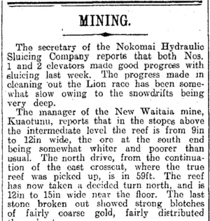 MINING. (Otago Daily Times 23-9-1914)