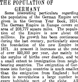 THE POPULATION OF GERMANY (Otago Daily Times 5-12-1914)