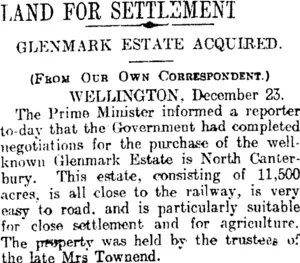 LAND FOR SETTLEMENT (Otago Daily Times 24-12-1914)