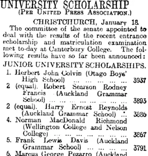 UNIVERSITY SCHOLARSHIP (Otago Daily Times 19-1-1915)
