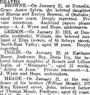 DEATHS. (Otago Daily Times 1-2-1915)