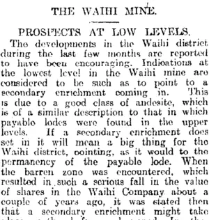 THE WAIHI MINE. (Otago Daily Times 25-2-1915)