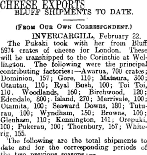 CHEESE EXPORTS (Otago Daily Times 23-2-1915)