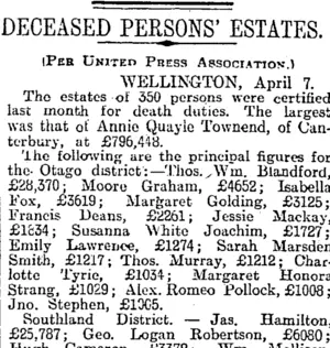 DECEASED PERSONS' ESTATES. (Otago Daily Times 8-4-1915)