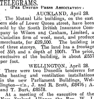 TELEGRAMS. (Otago Daily Times 29-4-1915)