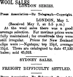 WOOL SALES (Otago Daily Times 3-5-1915)