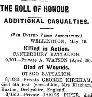 THE ROLL OF HONOUR (Otago Daily Times 20-5-1915)