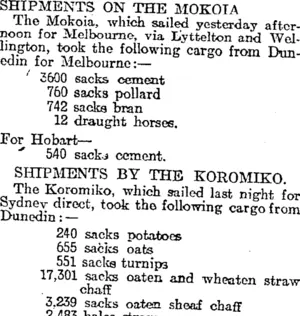 SHIPMENTS ON THE MOKOIA (Otago Daily Times 18-6-1915)