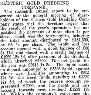 ELECTRIC GOLD DREDGING COMPANY. (Otago Daily Times 24-9-1915)